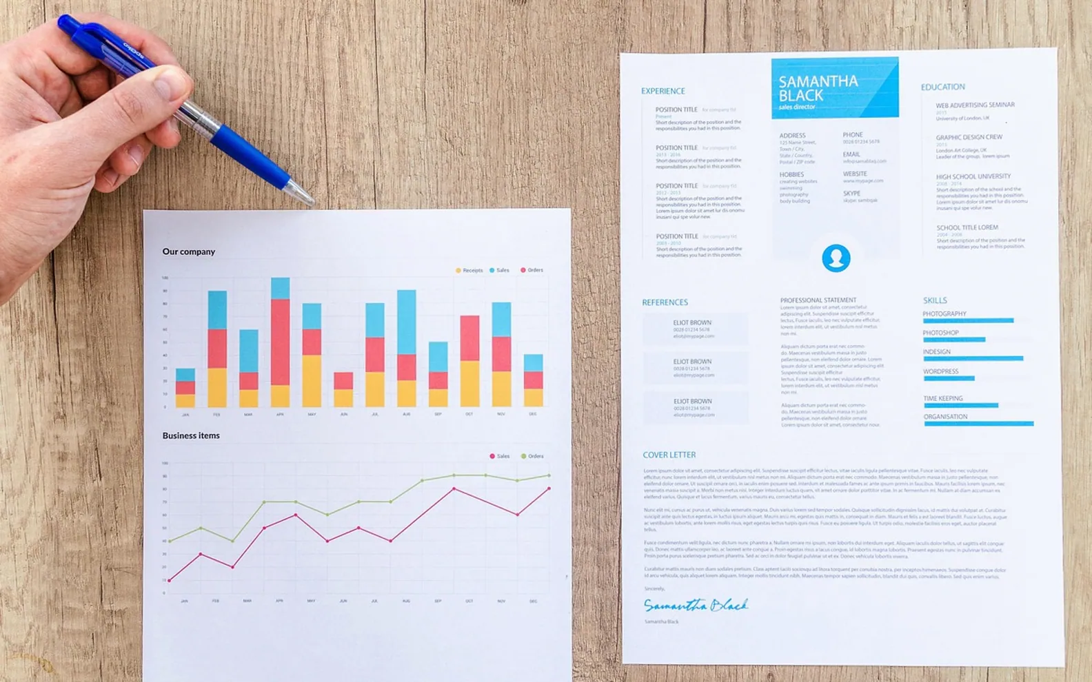 Chart, graph and coffee cup